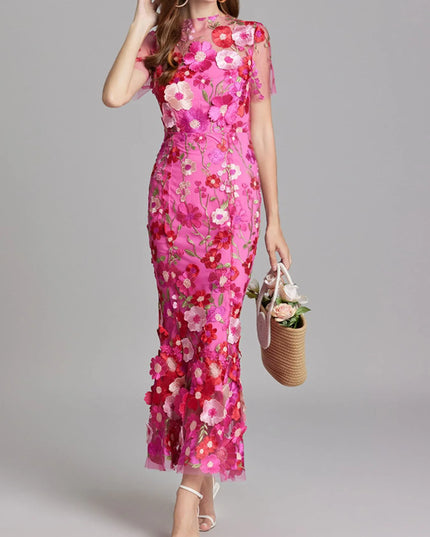 Floral Embroidered Mesh Overlay Maxi Dress