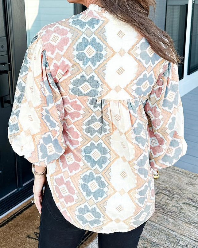 Bohemian Geometric Print Blouse with Tassel Tie