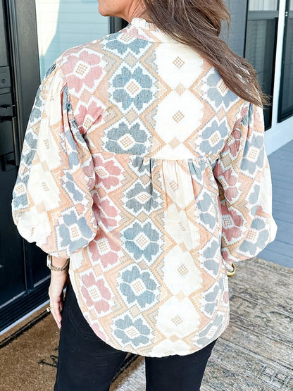 Bohemian Geometric Print Blouse with Tassel Tie