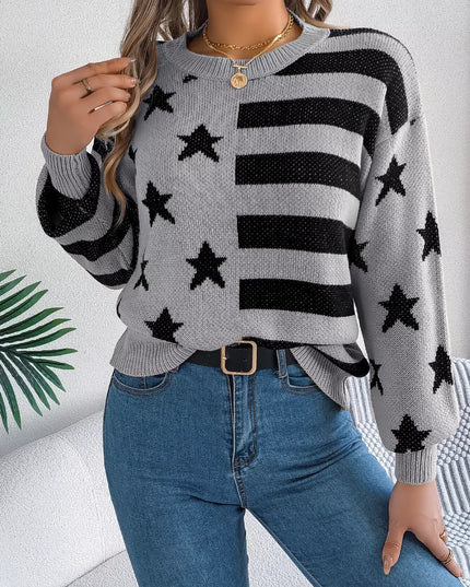 Stars and Stripes Pattern Casual Round Neck Sweater Grey