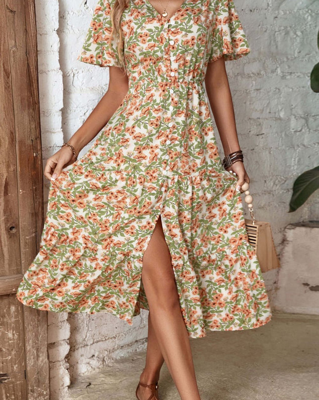 Perfee Floral V-Neck Front Slit Dress Floral