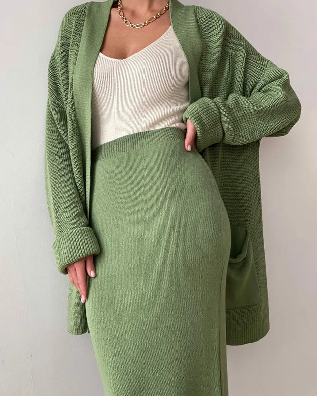 Pocketed Long Sleeve Cardigan and Skirt Sweater Set Gum Leaf One Size