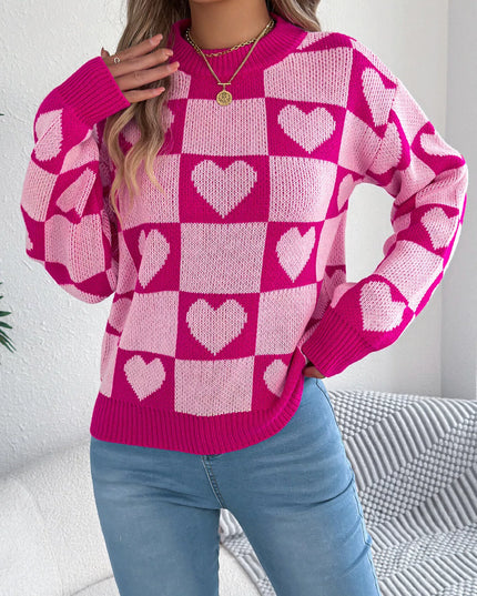 Heart Checkerboard Pattern Round Neck Sweater Pink