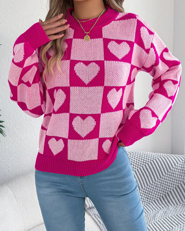 Heart Checkerboard Pattern Round Neck Sweater Pink