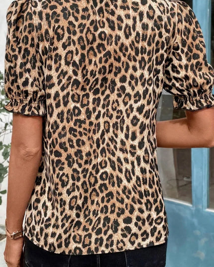 Leopard Ruffled Neck Cascading Puff Short Sleeve Top 