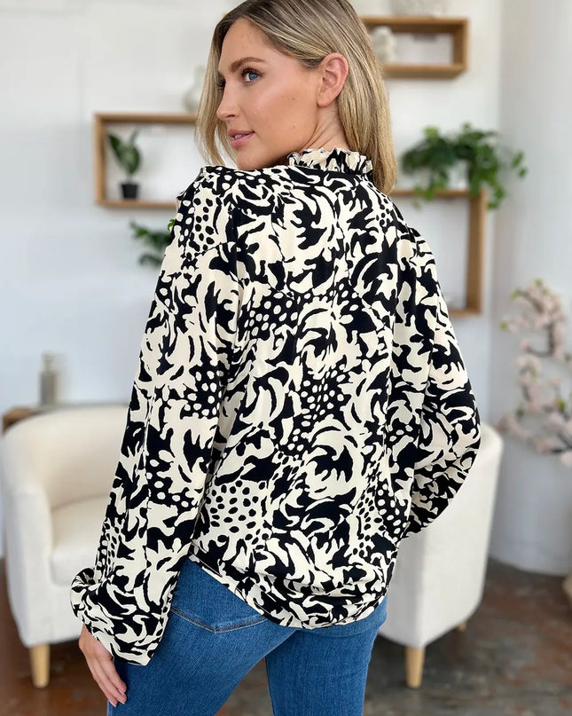 Double Take Full Size Printed Ruffle Trim Balloon Sleeve Shirt