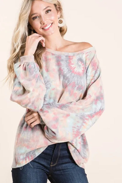 BiBi Brushed Tie Dye Print Top with Puff Sleeves