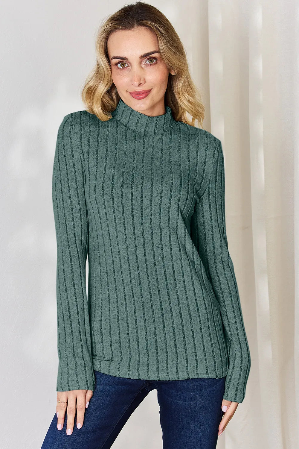 Basic Bae Full Size Ribbed Mock Neck Long Sleeve T-Shirt Turquoise