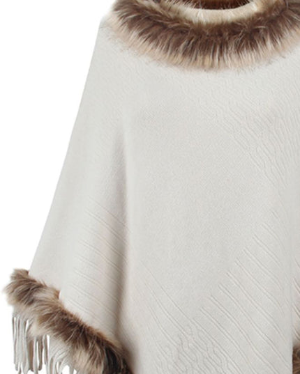 Faux Fur Trim Fringed Poncho
