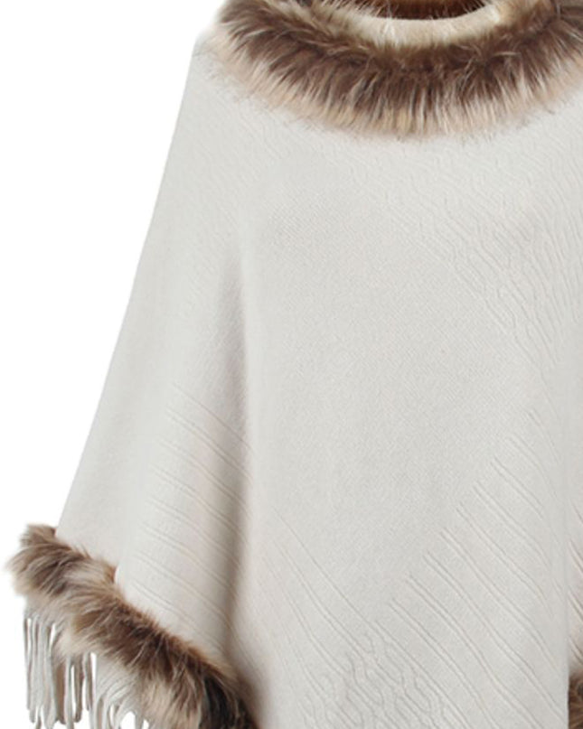 Faux Fur Trim Fringed Poncho