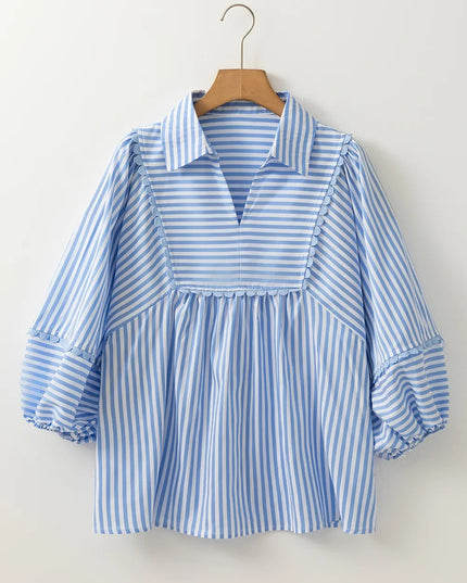 Striped Notched 3/4 Sleeve Blouse
