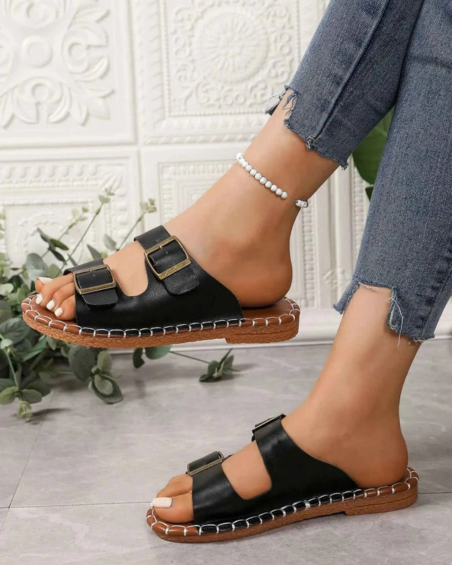 Double Buckle Strap Flat Sandals