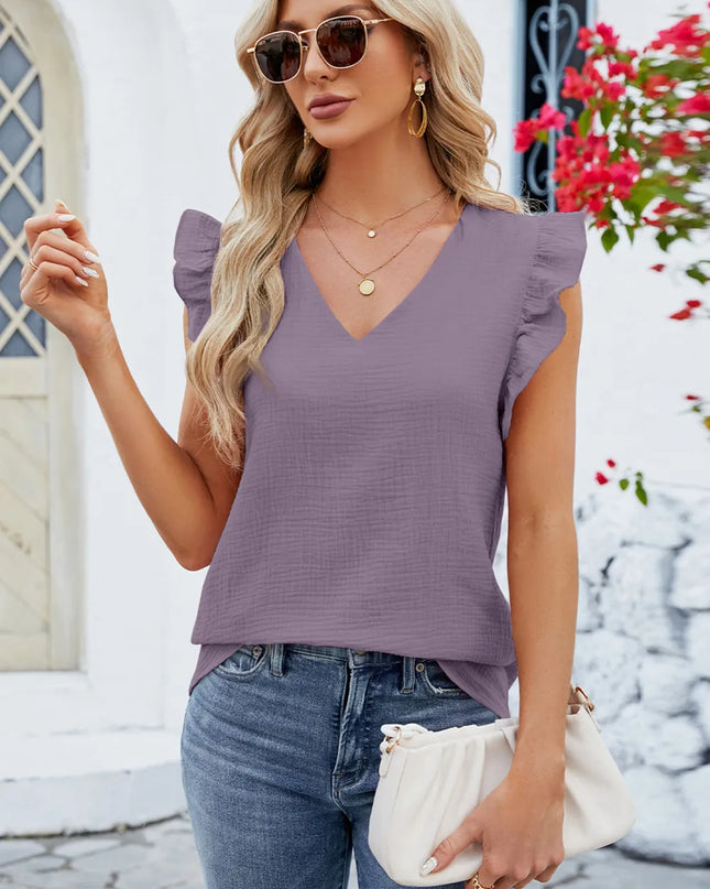 Ruffled V-Neck Cap Sleeve Blouse 