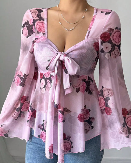 Floral Print Tie Front Flare Sleeve Blouse