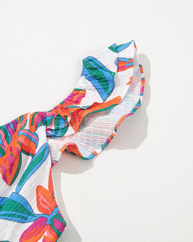 Floral Ruffled Strap V Neck Maxi Dress