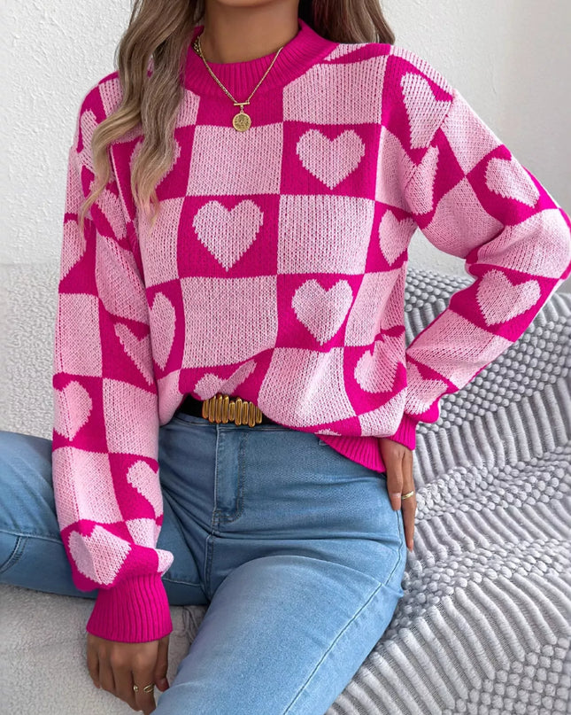 Heart Checkerboard Pattern Round Neck Sweater