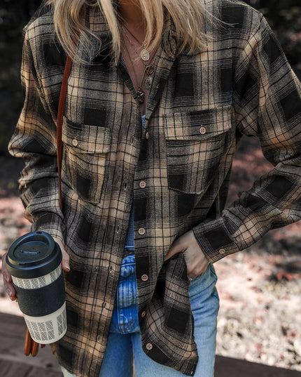 Plaid Double Flap Pocket Brushed Shacket