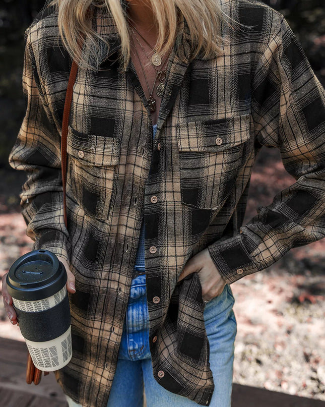 Plaid Double Flap Pocket Brushed Shacket