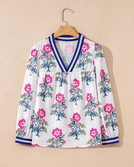 Floral Print Striped V Neck Blouse