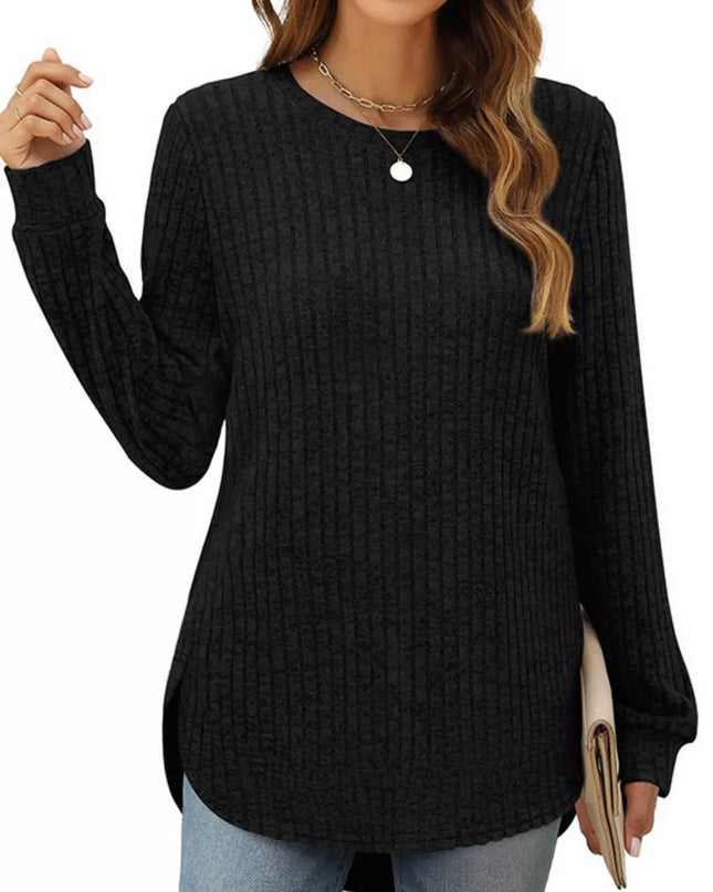 Ribbed Texture Round Neck Long Sleeve Rounded Hem Knit Top