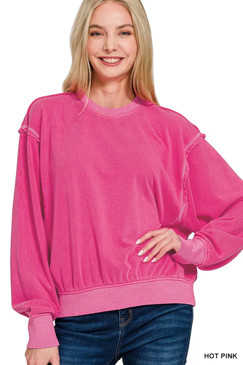 Zenana Soft Fleece Pigment Dye Round Neck Pullover HOT PINK