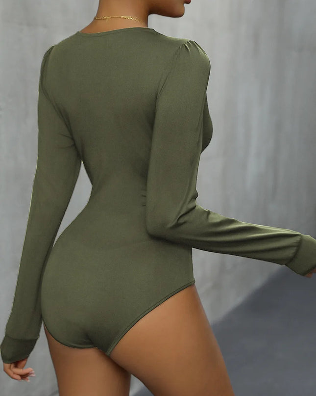 Perfee Lace Detail Plunge Long Sleeve Bodysuit