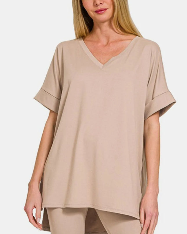 Zenana Full Size V-Neck Rolled Short Sleeve T-Shirt and Leggings Lounge Set
