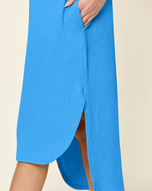 Double Take Full Size Round Neck Short Sleeve Slit Dress