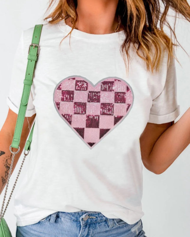 Sequin Checkered Heart Round Neck Short Sleeve T-Shirt