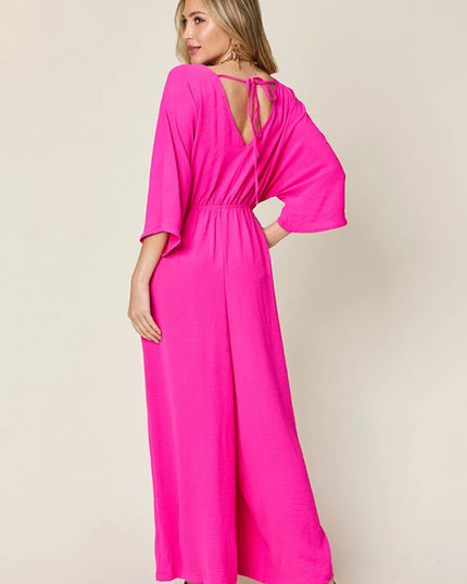 Double Take Full Size Surplice Wide Leg Jumpsuit with Pockets