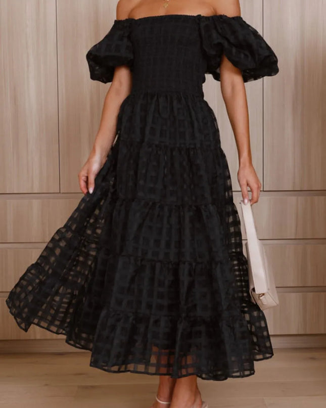 Off Shoulder Short Puff Sleeve Midi Dress