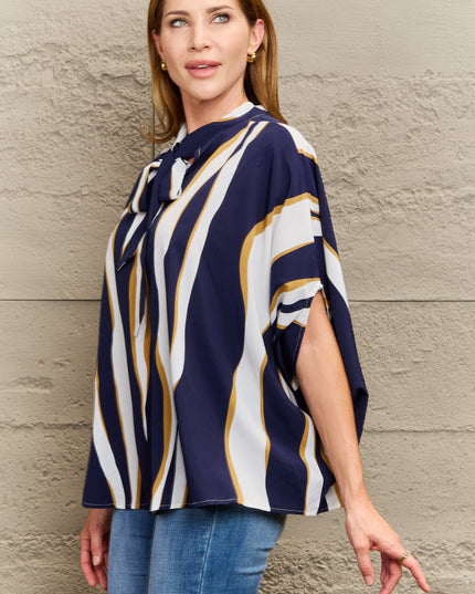Perfee Tie Neck Printed Slit Sleeve Blouse