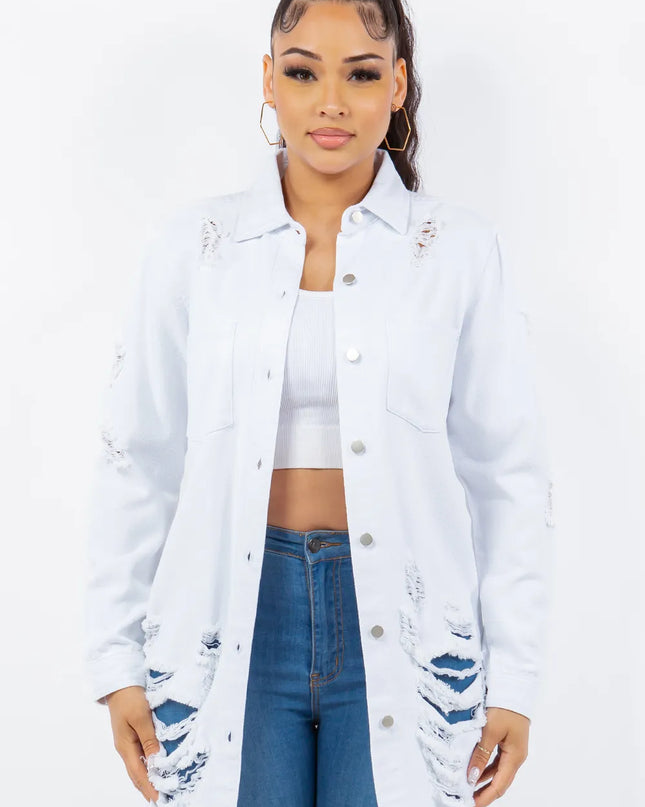 American Bazi Distressed Button Up Long Sleeve Denim Jacket White