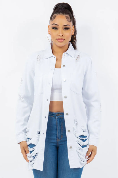 American Bazi Distressed Button Up Long Sleeve Denim Jacket White