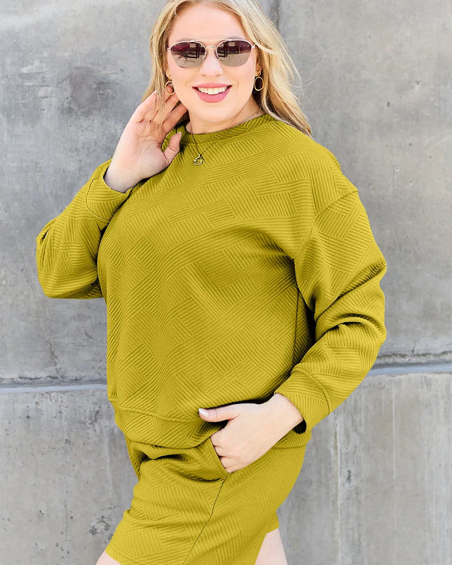 Double Take Full Size Texture Long Sleeve Top and Drawstring Shorts Set