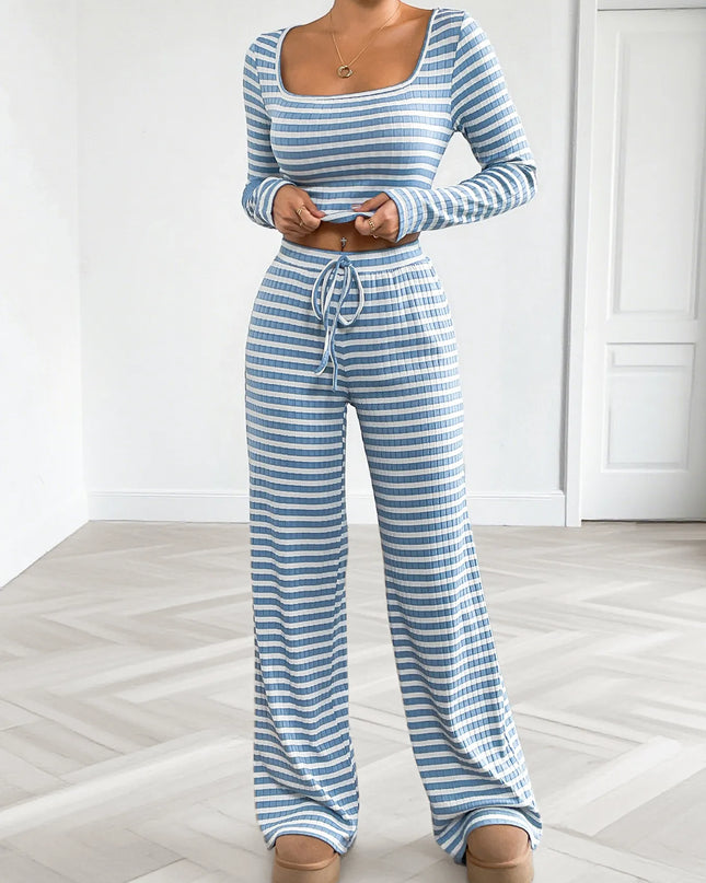 Striped Square Neck Long Sleeve Top and Pants Lounge Set