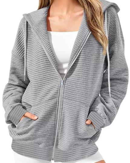 Drawstring Zip Up Dropped Shoulder Hoodie Gray