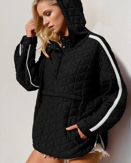 Double Take Contrast Trim Long Sleeve Half Snap Texture Hoodie with Pocket Black