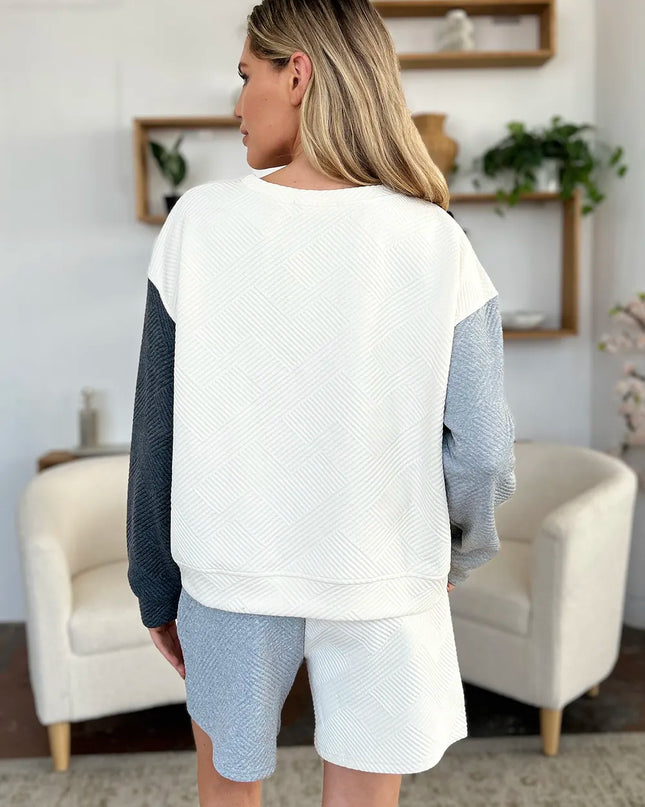 Double Take Full Size Contrast Drop Shoulder Top and Shorts Set