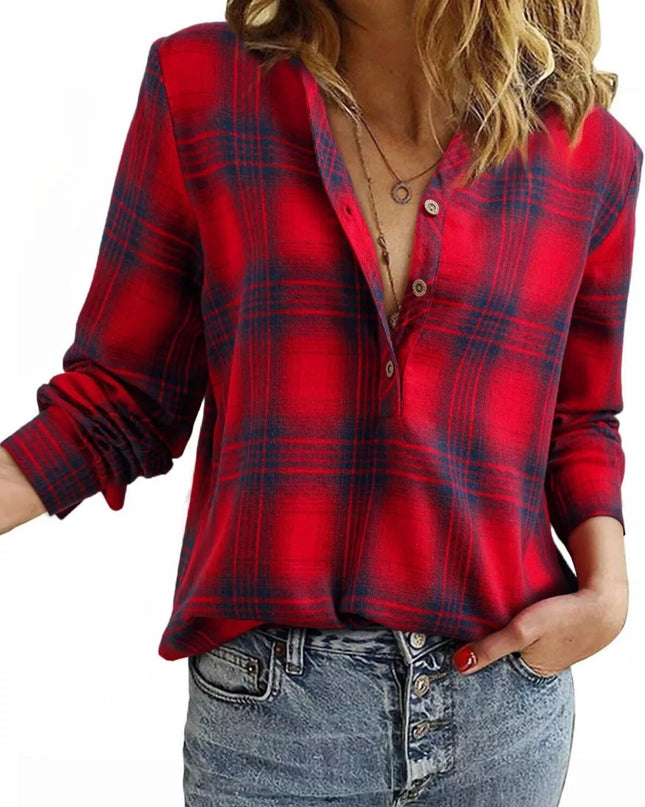 Plaid Half Button Long Sleeve Blouse