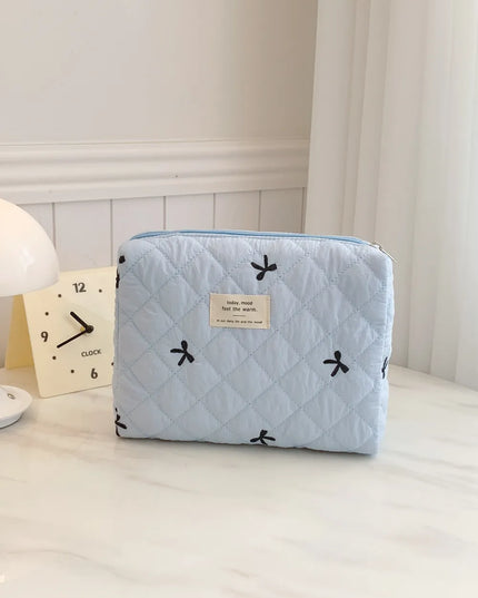 Bow Embroidered Quilted Storage Bag Light Blue One Size