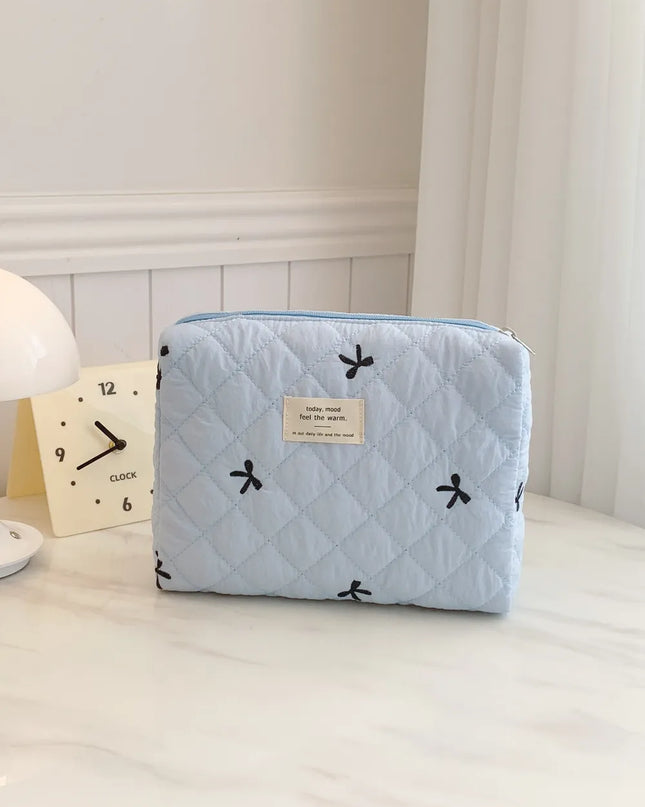 Bow Embroidered Quilted Storage Bag Light Blue One Size