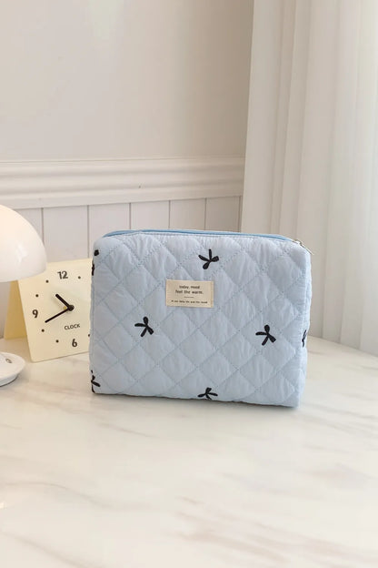 Bow Embroidered Quilted Storage Bag Light Blue One Size