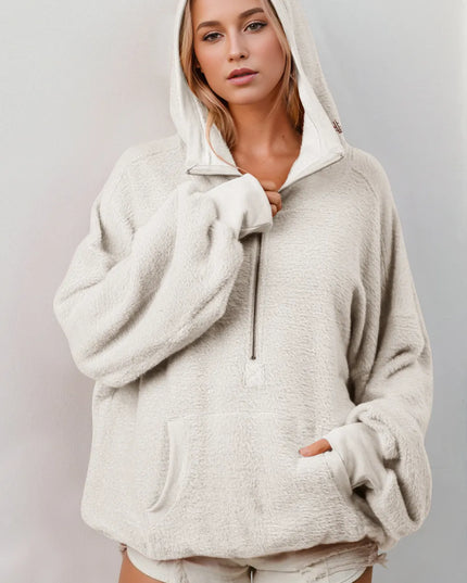 Double Take Full Size Half Zip Long Sleeve Hoodie with Kangaroo Pocket Beige