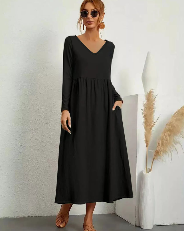 V-Neck Long Sleeve Midi Dress