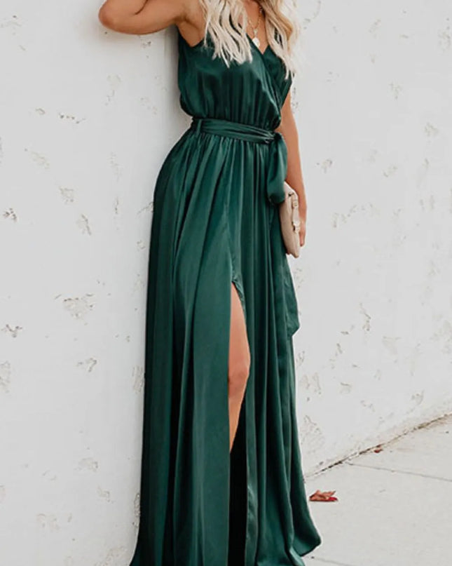 Surplice Tie Waist Maxi Dress Dark Green