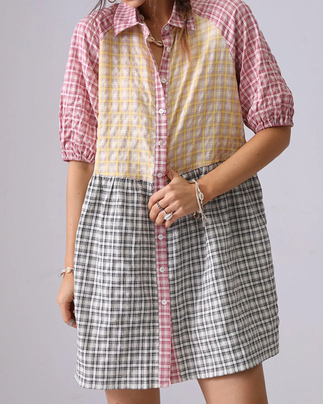 Colorful Mixed Gingham Shirt Dress