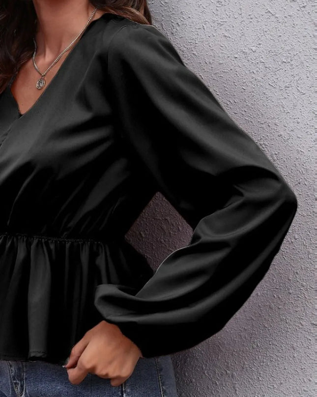 V-Neck Balloon Sleeve Peplum Blouse