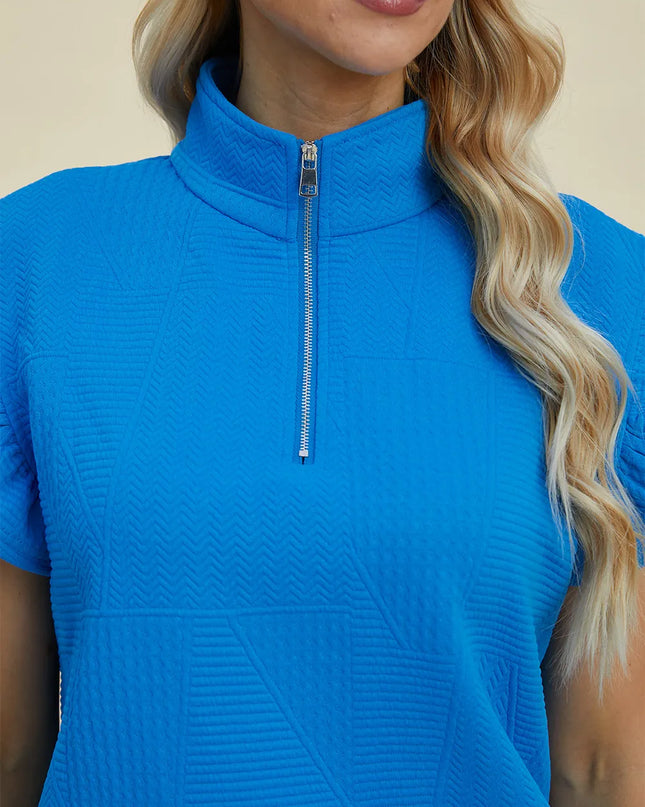 Double Take Full Size Texture Ruffle Short Sleeve Top and Wide Leg Pants Set