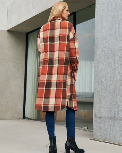 Plaid Pocketed Button Up Trench Coat 